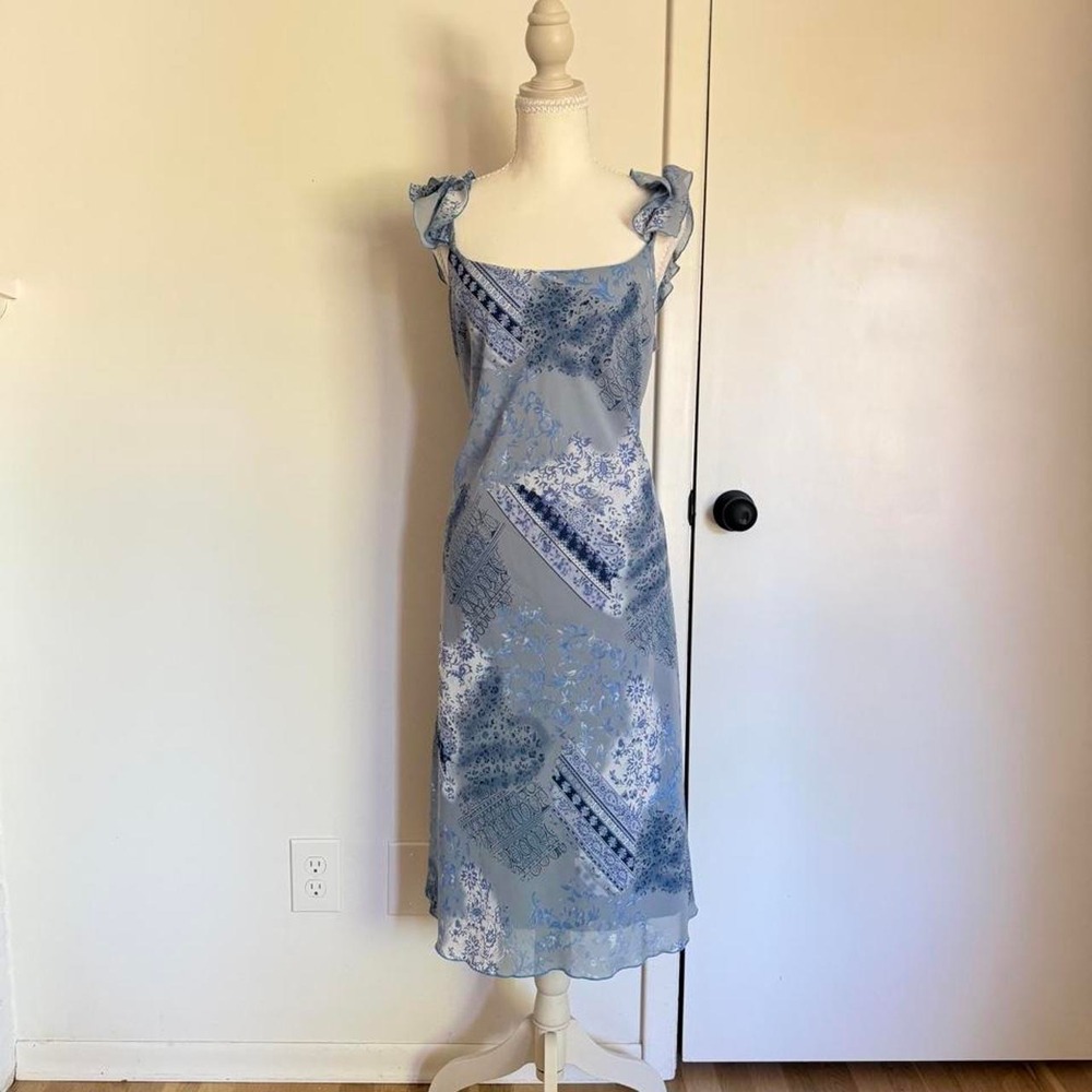 Studio 1940 blue & white paisley print coquette cottagecore dress ruffle straps